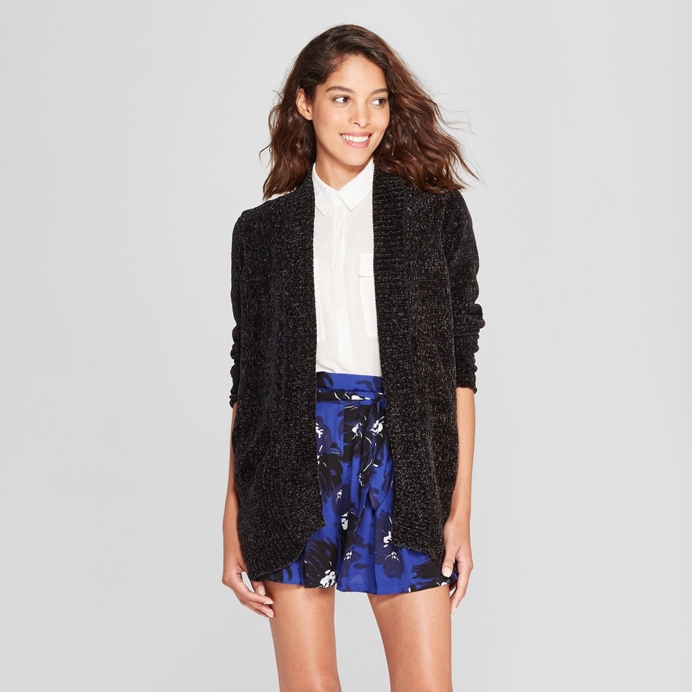 Black chenille open front cardigan
